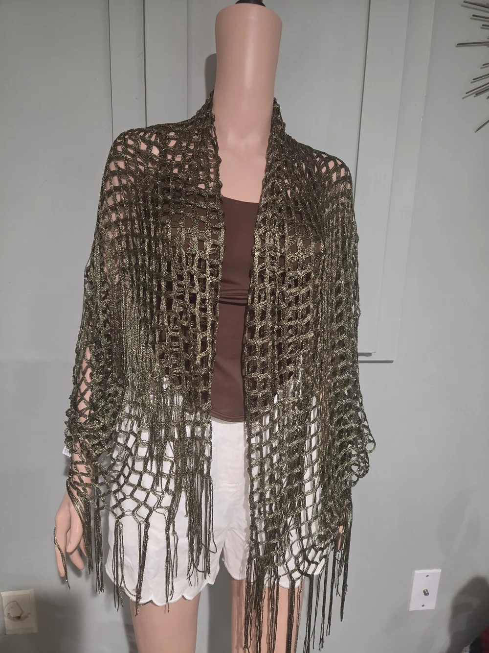 Metallic Olive Gold Crochet Open Knit Fringe Kimono Shawl Beach Cover Up